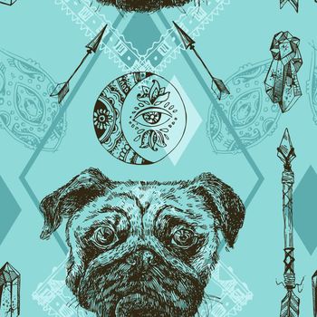 Beautiful hand drawn vector seamless pattern sketching of dog. Boho style drawing. Use for postcards, print for t-shirts, posters, tattoo, textile.