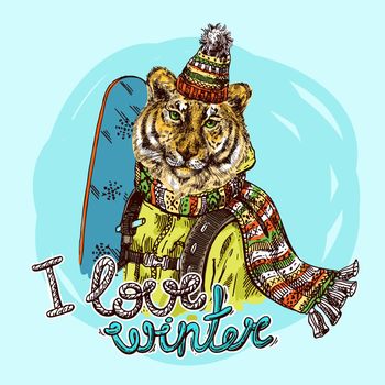 Hand drawn vector print I love winter. Animal with snowboard. Sketch style drawing.