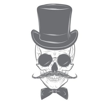 Gentleman skull with mustache, bow tie, top hat and smoking pipe. Skull print, skull illustration isolated on white background. Vector mode
