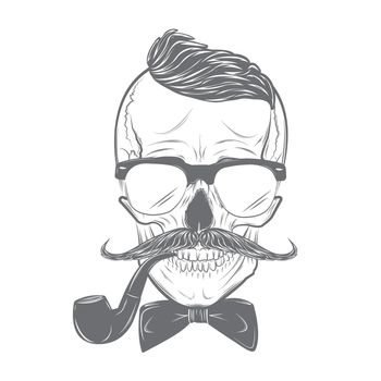 Hipster skull with mustache, bow tie and smoking pipe. Skull print, skull illustration isolated on white background. Vector mode