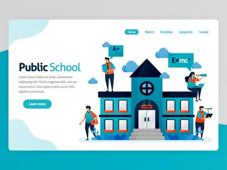 Vector illustration for education landing page. Public school buildings and workplace, online education scholarship, modern learning, e-learning training  platform. Homepage header web page template
