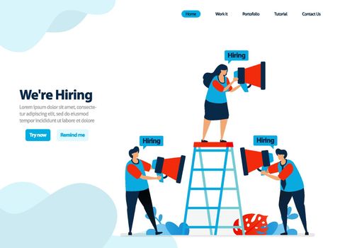 website design of hire and employee recruitment. we're hiring for company landing page. job seeker, career dan recruiting. Flat illustration for template, ui ux, website, mobile app, flyer, brochure