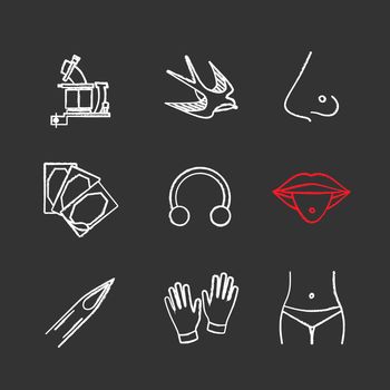 Tattoo studio chalk icons set. Tattoo machine, swallow, pierced nose and tongue, repair sticker, half hoop ring, needle tip, medical gloves, navel piercing. Isolated vector chalkboard illustrations