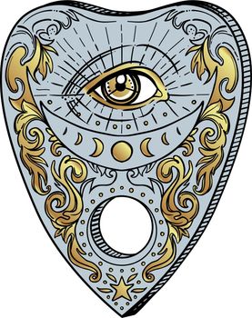 Heart-shaped planchette for spirit talking board. Vector isolated illustration in Victorian style. Mediumship divination equipment. flash tattoo drawing. Alchemy, religion, spirituality, occultism.