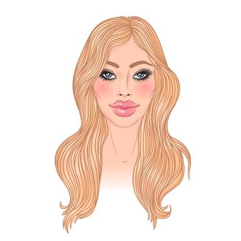 Exaggerated lips of a beautiful young woman. Fillers. Lip augmentation. Sexy Mouth. Beauty girl. Vector illustration over white background. absurdly big lips..