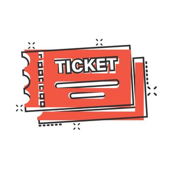 Cinema ticket icon in comic style. Admit one coupon entrance cartoon vector illustration on white isolated background. Ticket splash effect business concept.
