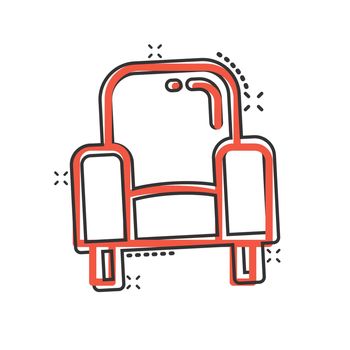 Cinema chair icon in comic style. Armchair cartoon vector illustration on white isolated background. Theater seat splash effect business concept.