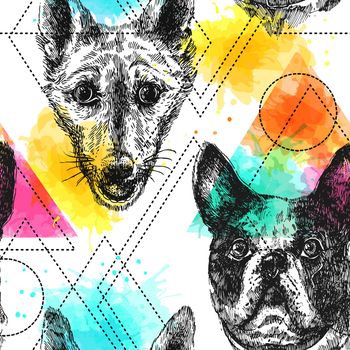 Beautiful hand drawn vector seamless pattern sketching of dog. Boho style drawing. Use for postcards, print for t-shirts, posters, tattoo, textile.