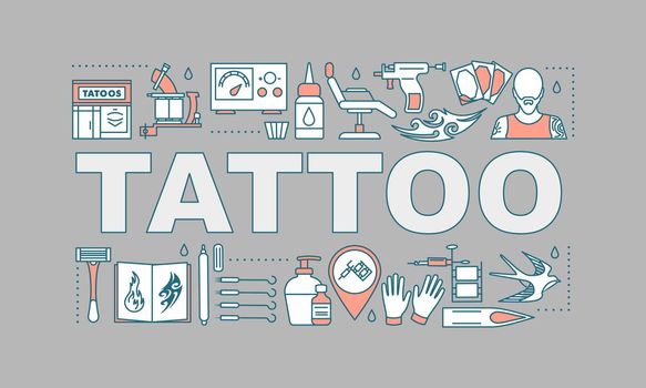 Tattoo studio word concepts banner. Piercing service. Tattoo sketches, instruments, equipment. Isolated lettering typography idea with linear icons. Vector outline illustration