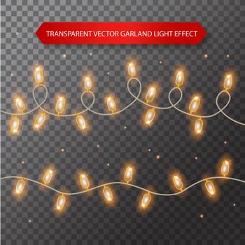 Lights bulbs isolated on transparent background. Glowing golden Christmas garlands string. Vector New Year party lights decorations