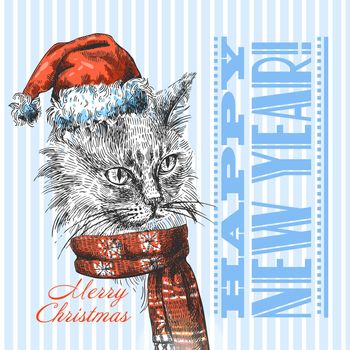 Vector illustration Christmas cat. Drawing by hand. Sketch style. Use for posters, postcards, new year design.