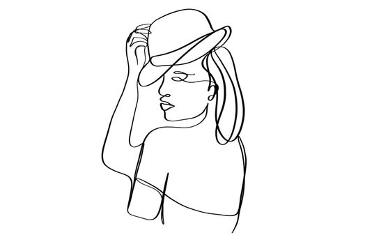 Portrait of a beautiful woman with hat. Continuous line drawing.