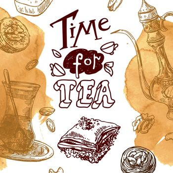 East tea illustration. Oriental sweets and teapot. Good for invitations, cards, postcards
