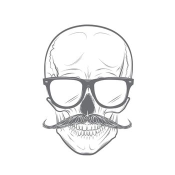 Hipster skull with mustache. Skull print, skull illustration isolated on white background. Vector mode