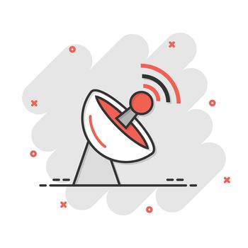 Satellite antenna tower icon in comic style. Broadcasting cartoon vector illustration on white isolated background. Radar splash effect business concept.