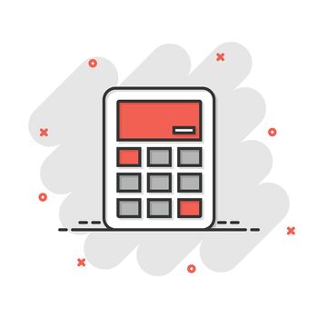 Calculator icon in comic style. Calculate cartoon vector illustration on white isolated background. Calculation splash effect business concept.