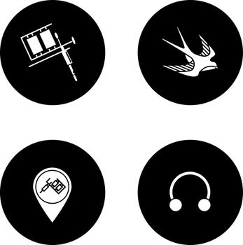 Tattoo studio glyph icons set. Piercing service. Tattoo machine, swallow sketch, studio location, half hoop earring. Vector white silhouettes illustrations in black circles