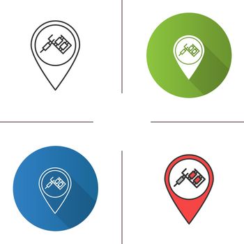 Tattoo studio location icon. Map pinpoint with tattoo machine. Flat design, linear and color styles. Isolated vector illustrations
