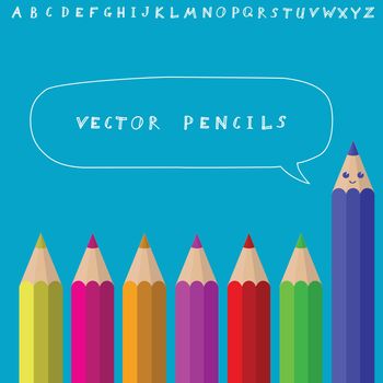 Colored pencils with sketchnote alphabet. Vector illustration
