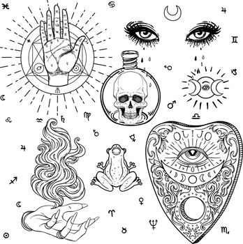 Witchcraft set of vector isolated illustrations in Victorian style. Hand, planchette, skull, eyes. Mediumship divination equipment. flash tattoo drawing. Alchemy, religion, spirituality, occultism.