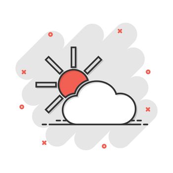 Vector cartoon weather forecast icon in comic style. Sun with clouds concept illustration pictogram. Cloud business splash effect concept.