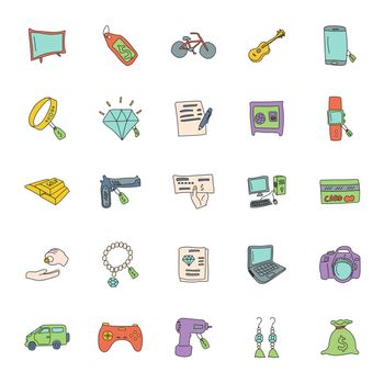 pawnshop hand drawn linear vector icons