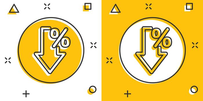Decline arrow icon in comic style. Decrease cartoon vector illustration on white isolated background. Revenue model splash effect business concept.