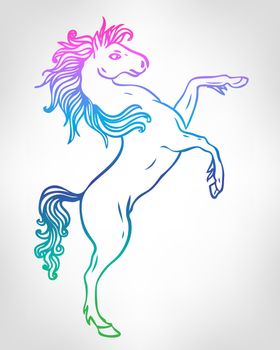 Rainbow unicorn over sacred geometry design elements. Alchemy, philosophy, spirituality symbols. Black, white vector illustration in vintage style isolated on white.