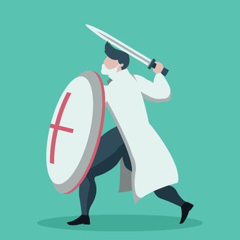 Cartoon design of warrior doctor with shield and sword	