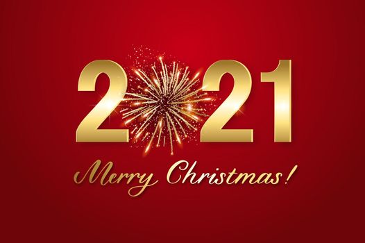 Merry Christmas 2021. Background with shining numerals and firework. New year and Christmas card illustration on red background