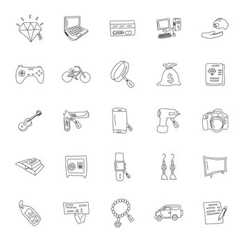 pawnshop hand drawn linear doodles isolated on white background. pawnshop icon set for web and ui design, mobile apps and print products