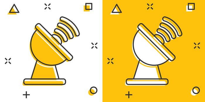 Satellite antenna tower icon in comic style. Broadcasting cartoon vector illustration on white isolated background. Radar splash effect business concept.