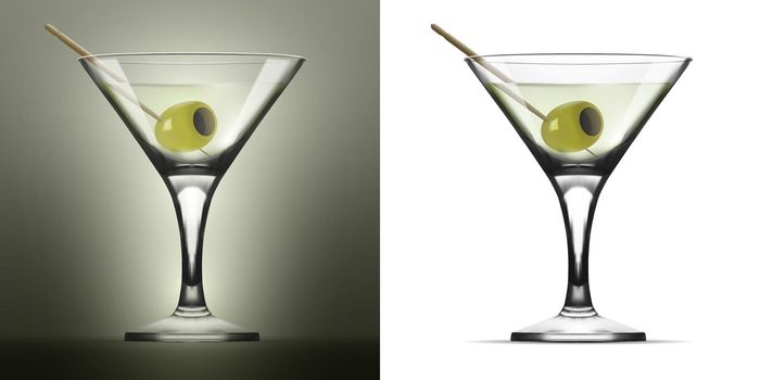Transparent Glass Goblet With Martini Vermouth Cocktail And Olive. EPS10 Vector