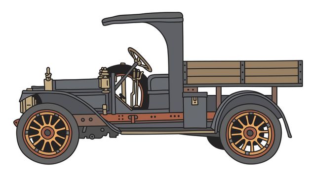 The vectorized hand drawing of a vintage black lorry truck