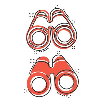 Binocular icon in comic style. Search cartoon vector illustration on white isolated background. Zoom splash effect business concept.