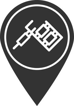 Tattoo studio location glyph icon. Silhouette symbol. Map pinpoint with tattoo machine. Negative space. Vector isolated illustration