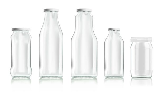 Realistic Transparent Clear Empty Bottles Set Isolated. EPS10 Vector
