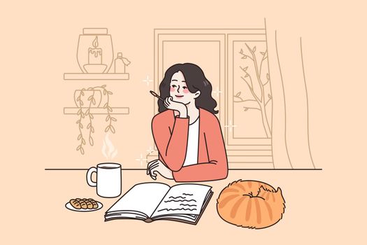 Writing notes and story concept. Young smiling woman write sitting at home with cat and hot drink and writing story with pen vector illustration