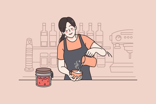Working as barista in coffeeshop concept. Young woman barista making cappuccino or latte with milk for client during work feeling positive vector illustration