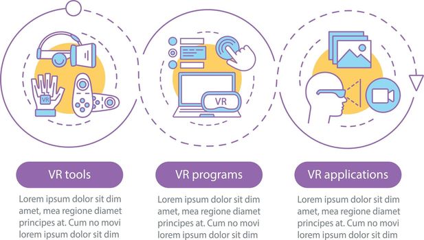 Virtual reality vector infographic template. VR applying, tools, programs. Data visualization with five steps and option. Process timeline chart. Workflow layout with icons