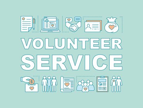 Volunteer service word concepts banner. Sponsorship. Presentation, website. Charitable fundraising. Isolated lettering typography idea with linear icons. Vector outline illustration