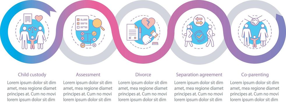 Mediation vector infographic template. Child custody, divorce, co-parenting. Business presentation design elements. Data visualization with steps and options. Process timeline chart. Workflow layout
