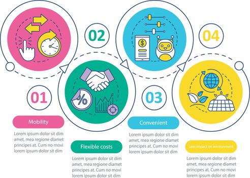 Technology benefits vector infographic template. Business presentation design elements. Data visualization with four steps and options. Process timeline chart. Workflow layout with linear icons
