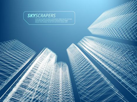 Low Poly Wireframe City Of Skyscrapers. Modern Office Buildings In The Financial District. EPS10 Vector