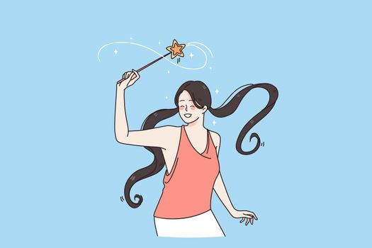 Magic attributes and fun concept. Smiling positive excited girl with long black hair holding magic wand in raised hand feeling playful vector illustration