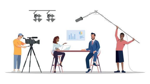 Journalistic interview at studio flat vector illustration. News reporter, video operators, cameraman isolated cartoon characters. Interviewer with famous entrepreneur, actor. Press, mass media concept