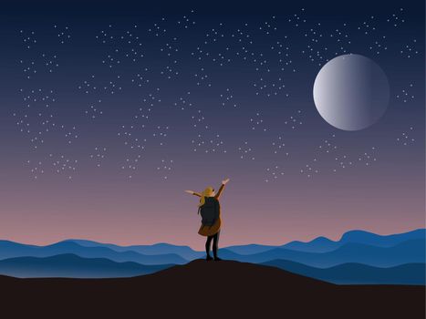 A woman carrying a backpack holds her arms on a mountain peak with the moon and stars in the background.