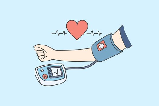 Measuring blood pressure and healthcare concept. Human hand wearing tonometer examining checking blood pressure and heartbeat vector illustration