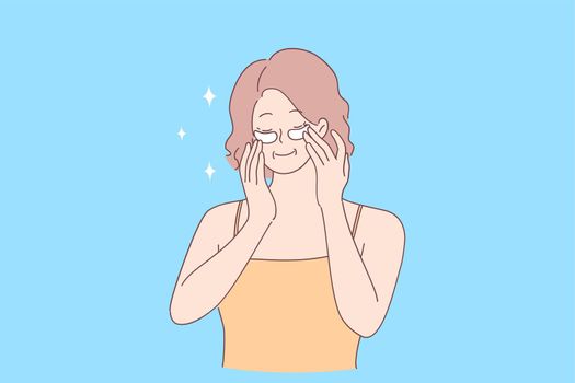 Using eye patches and cosmetics concept. Portrait of smiling retiree woman with closed eyes applying nourishment under eyes for looking fresh in morning vector illustration