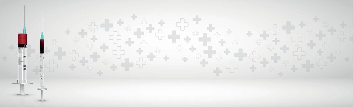 Medical volumetric gray background panorama with many symbols